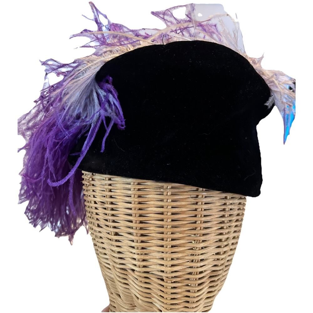 CHARLES F BERG PORTLAND OR Purple Velvet HAT WOMENS Ostritch Feathers Open Crown - Picture 3 of 6